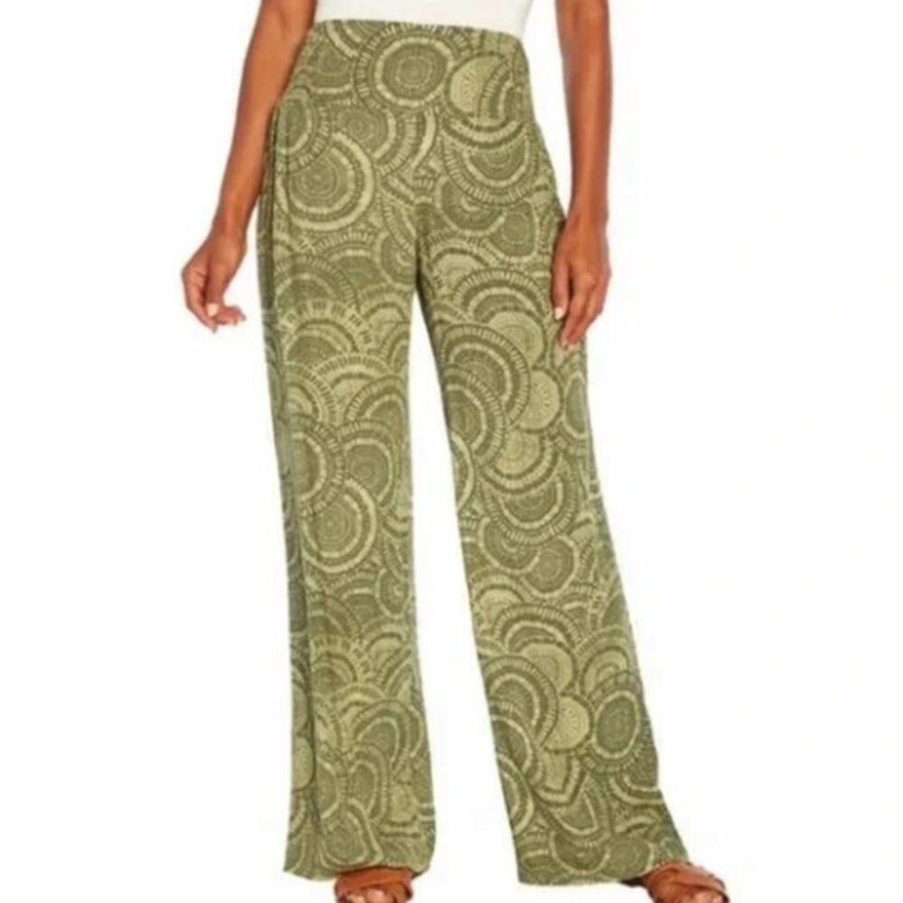 Three Dots XS Green Smocked Waist Circle Print Boho Relaxed Pants Harem